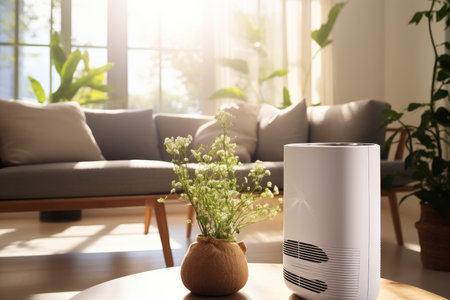 Air purifier in the center of a clean living room.の素材