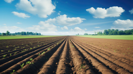 Furrows a plowed field prepared for planting crops in spring with clouds on blue sky in perspective.の素材