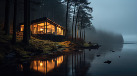 Modern cabin near lake with fog and mist.の素材