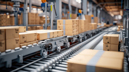 Factory production chain with cartons on the production line.の素材