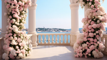 The wedding arch decorated with flowers stands in the luxurious area of the wedding ceremony.の素材
