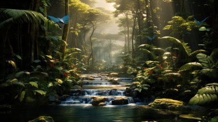 Beautiful peaceful rainforest with tropical birds and a creek running through itの素材