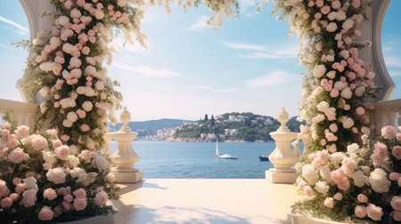 The wedding arch decorated with flowers stands in the luxurious area of the wedding ceremony.の素材