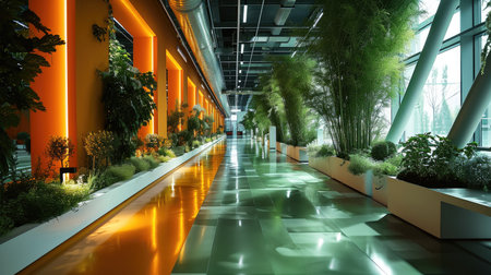 The large space of green and orange in the agricultural science exhibition area. Generative AI.の素材