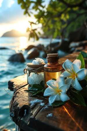 Of spa skin care product on wooden table with flower on top and nature island landscape as background. Generative AI.の素材