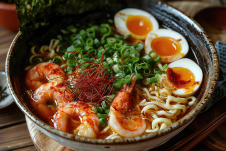 A classic bowl of ramen on a table, Top view, Noodles, Soup, Shrimps. Generative AI.の素材