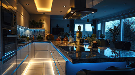 Luxury kitchen with led lights. Generative AI.の素材