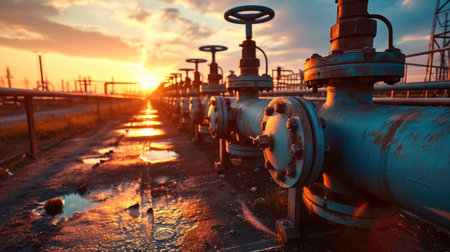 Oil Or Gas Transportation With Blue Gas Or Pipe Line Valves On Soilの素材