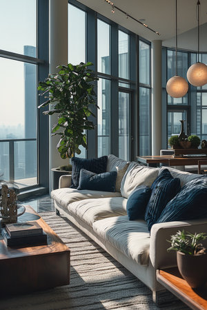 A centerpiece sofa in a spacious modern living room. Generative AI.の素材