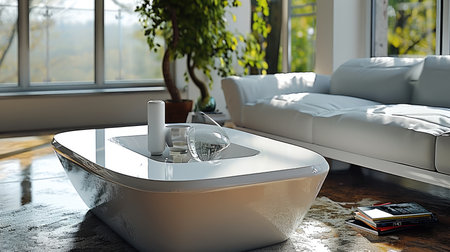 A white triangular shape of coffee table in the living room. Generative AI.の素材
