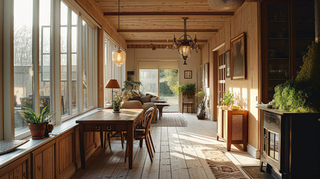 A Dining room and furniture with wood set. Generative AI.の素材