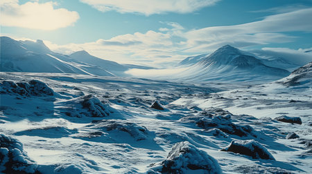A harsh and cold arctic landscape with some snowy hills in the background. Generative AI.の素材
