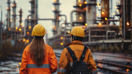 Industry worker one male one female from behind with safety jacket and helmet at refinery plant, Heavy industrial. Generative AI.の素材