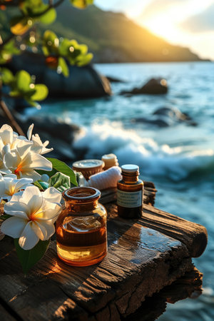 Of spa skin care product on wooden table with flower on top and nature island landscape as background. Generative AI.の素材