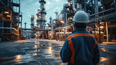 Engineer working at gas power plant factory. Generative AI.の素材