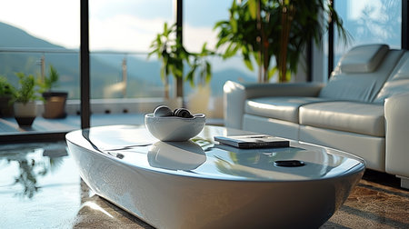 A white triangular shape of coffee table in the living room. Generative AI.の素材