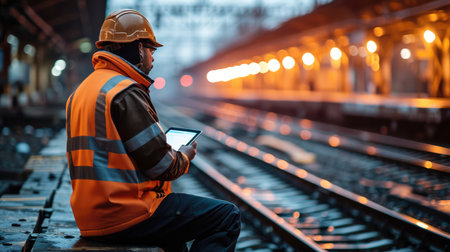 Modern Industrial and transportation, Railway engineer using tablet checking and analysis data systems electrics of track on railway on networking. Generative AI.の素材