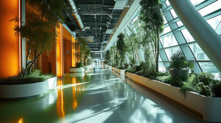 The large space of green and orange in the agricultural science exhibition area. Generative AI.の素材
