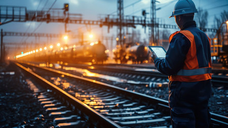 Modern Industrial and transportation, Railway engineer using tablet checking and analysis data systems electrics of track on railway on networking. Generative AI.の素材