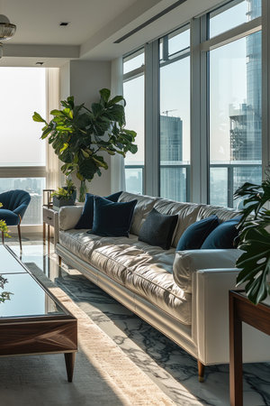 A centerpiece sofa in a spacious modern living room. Generative AI.の素材