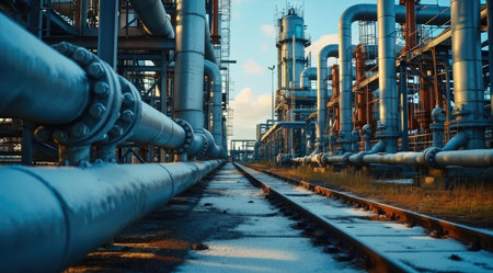 Oil and gas processing plant with pipe line valves, Pipelines in a gas compression station. Generative AI.の素材