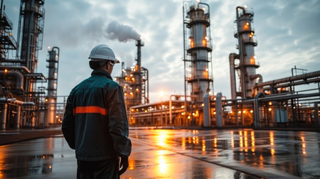 Engineer man standing at oil refinery plant in heavy petrochemical industry estate. Generative AI.の素材