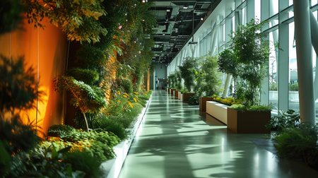The large space of green and orange in the agricultural science exhibition area. Generative AI.の素材