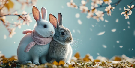 Male easter cute bunny with blue and female easter bunny with pink scarf are playing isolated on a light blue background. Generative AI.の素材