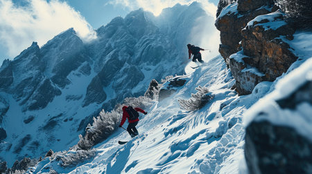 Snowboarders go down the mountain performing tricks and jumping over dangerous rocks. Generative AI.の素材