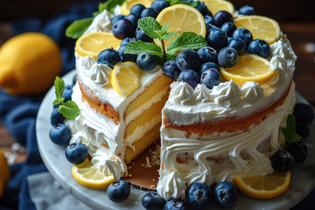 White cake with slices of lemon and blueberries and mint leaves evenly distributed. Generative AI.の素材