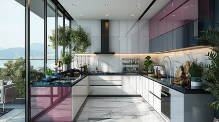 Modern L shaped kitchen in glossy finish laminates. Generative AI.の素材
