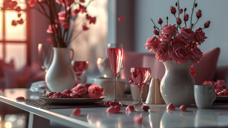 Scene of a minimalist Valentine's Day celebration in 3D. Generative AI.の素材
