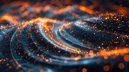 High-tech background with flowing lines and stars, Dark indigo and orange, Data visualization. Generative AI.の素材