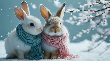 Male easter cute bunny with blue and female easter bunny with pink scarf are playing isolated on a light blue background. Generative AI.の素材