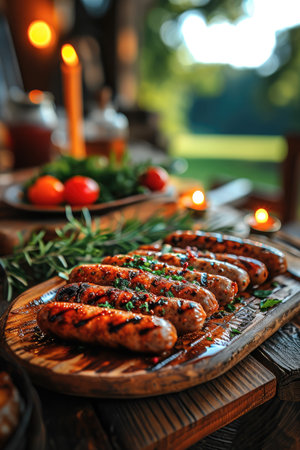 Very delicious looking sausages are on a cooked wooden serving plate on a wooden table. Generative AI.の素材