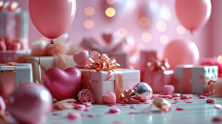 Pink background with some gifts hearts and balloons. Generative AI.の素材