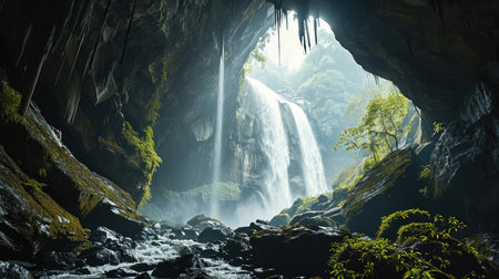 Waterfall over a cave. Generative AI.の素材