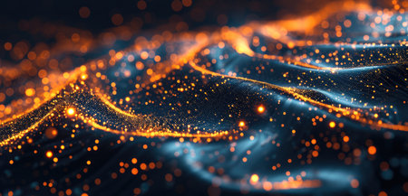 High-tech background with flowing lines and stars, Dark indigo and orange, Data visualization. Generative AI.の素材