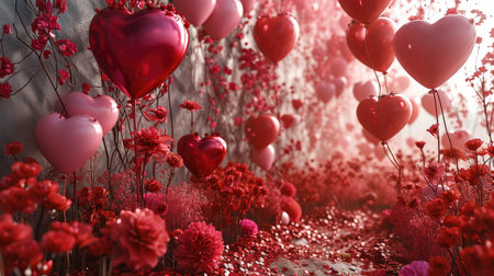 Red and pink background with many heart balloons and flowers. Generative AI.の素材