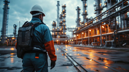 Engineer working at gas power plant factory. Generative AI.の素材