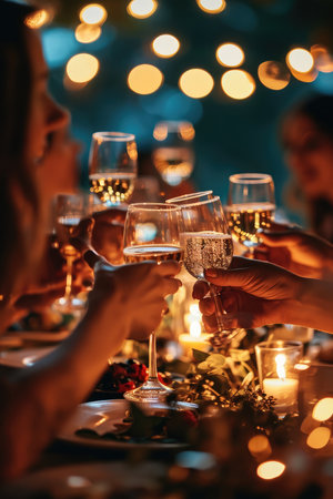 Guests during the banquet happily celebrating and drinking champagne. Generative AI.の素材