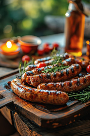 Very delicious looking sausages are on a cooked wooden serving plate on a wooden table. Generative AI.の素材