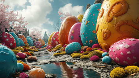 Chocolate factory in colorful fantasy world with giant easter eggs. Generative AI.の素材