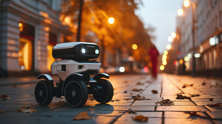 Modern delivery robot delivering packages around the city. Generative AI.の素材