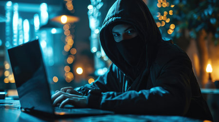 Cybersecurity, Front view hacker wear mask typing the laptop in the room. Generative AI.の素材