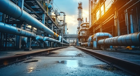 Industrial pipeline oil and gas factory. Generative AI.の素材
