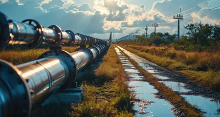Industrial pipeline carrying water for irrigation, Contributing to agricultural activities. Generative AI.の素材