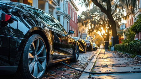An electric vehicle connected to a charger on the streets. Generative AI.の素材