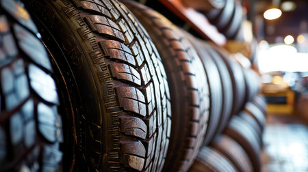Several new car tires with different treads on the shelf. Generative AI.の素材