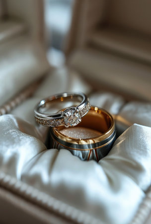 Two rings inside a jewelry box. Generative AI.の素材